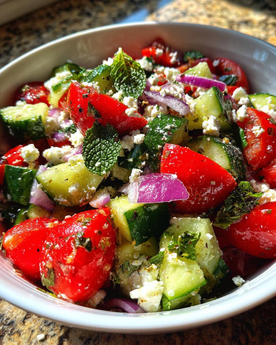 A refreshing summer salad with cucumber, tomato, feta cheese, red onion, and mint.