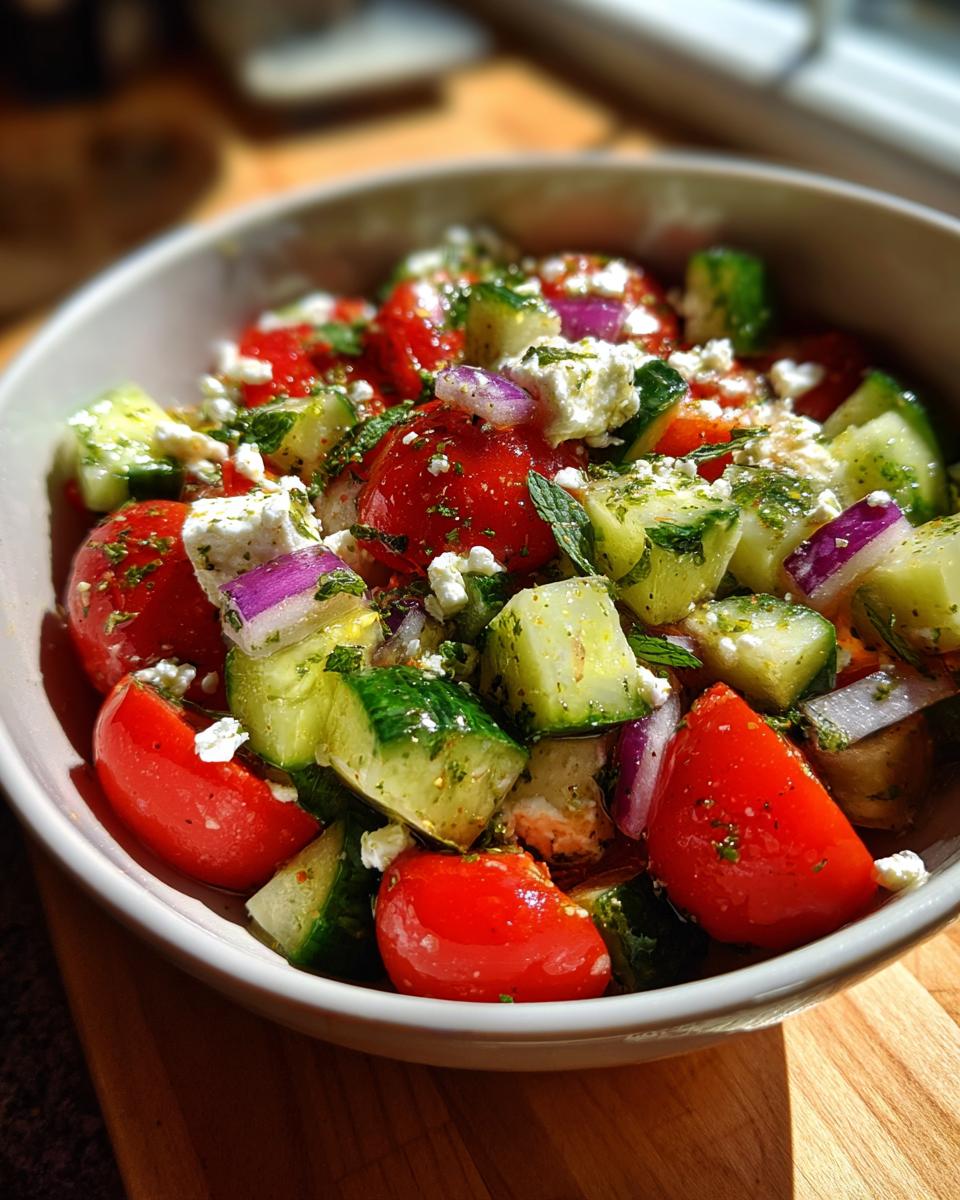 A refreshing bowl of summer salad with cucumber, tomato, feta cheese, and red onion, perfect for cookouts.