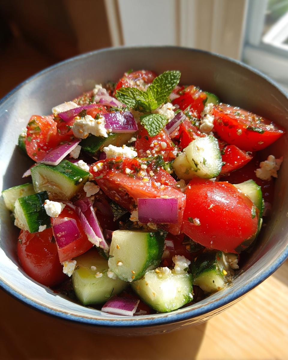 A refreshing summer salad with cucumber, tomato, feta cheese, red onion, and mint.