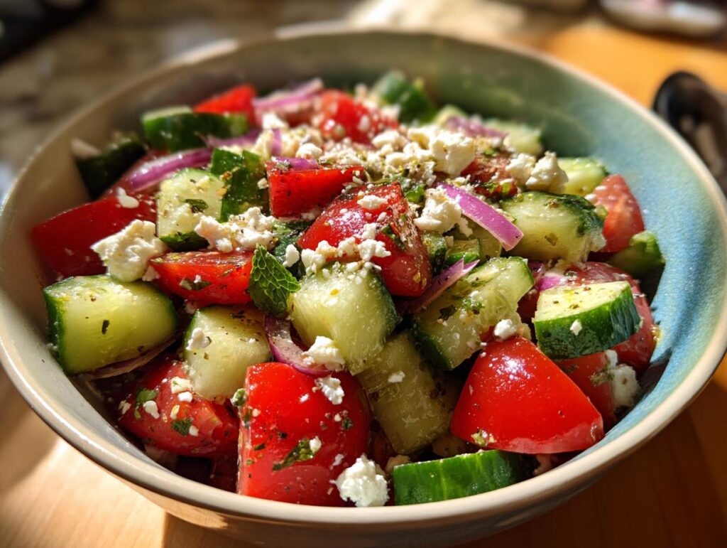 Close-up of a refreshing summer salad with cucumber, tomato, feta cheese, and red onion, perfect for cookouts.
