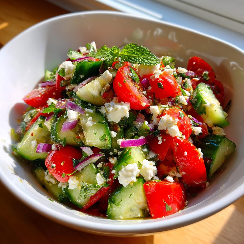 Close-up of a vibrant summer salad with cucumber, tomato, feta cheese, and red onion, perfect for cookouts.