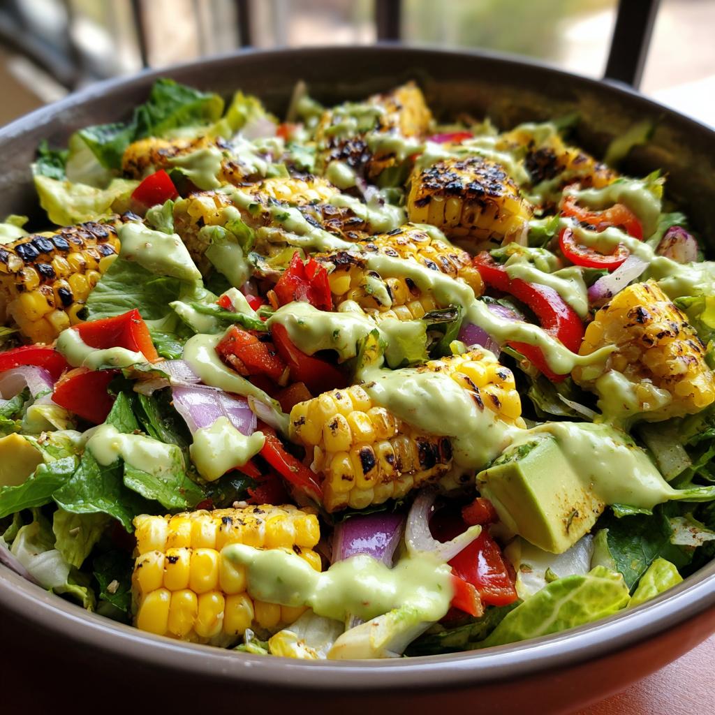 A vibrant summer salad featuring grilled corn, avocado, red onion, bell peppers, and lettuce, drizzled with avocado lime dressing.