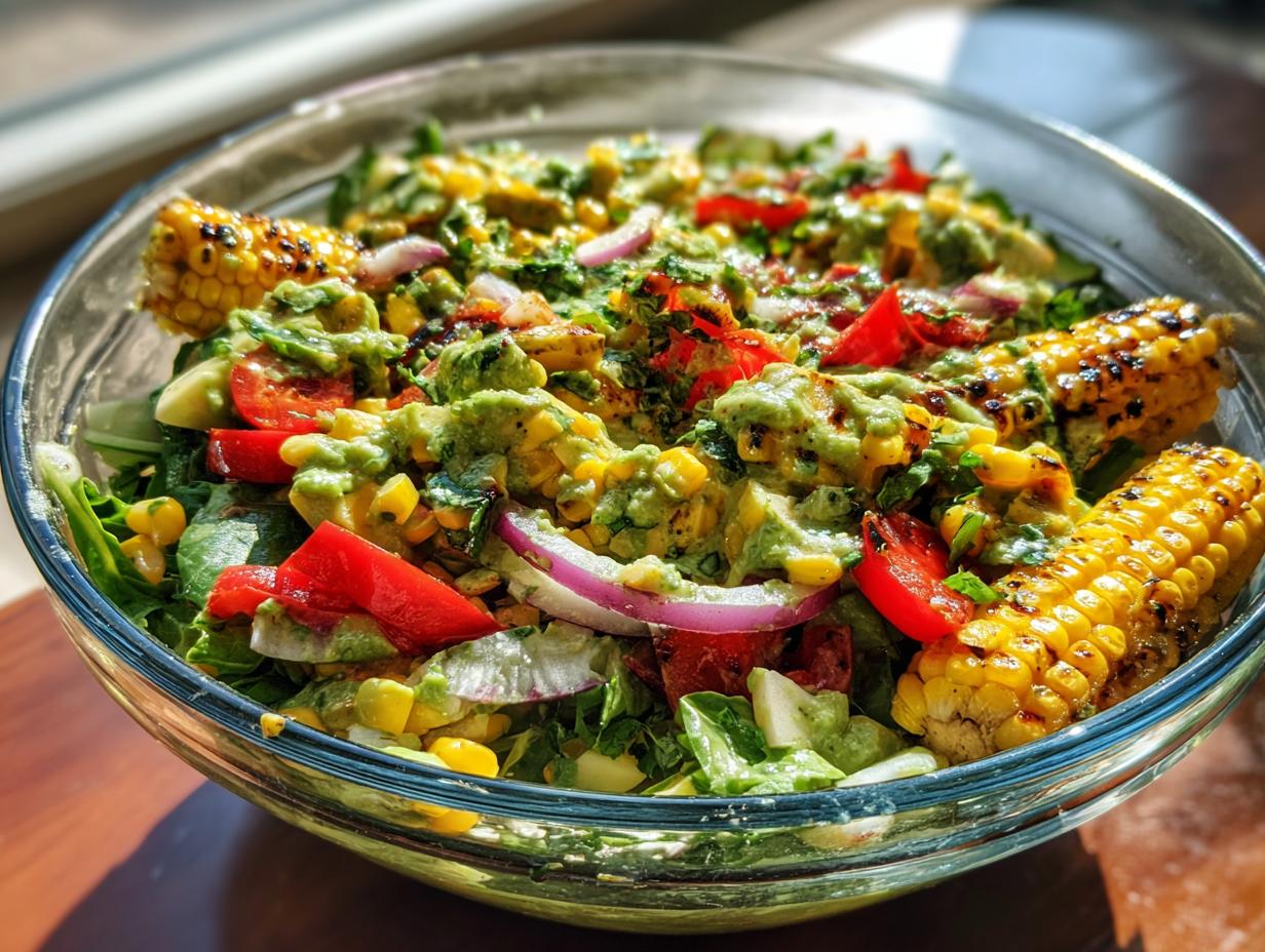 A vibrant summer salad featuring grilled corn on the cob, avocado, tomatoes, red onion, and a creamy avocado lime dressing.