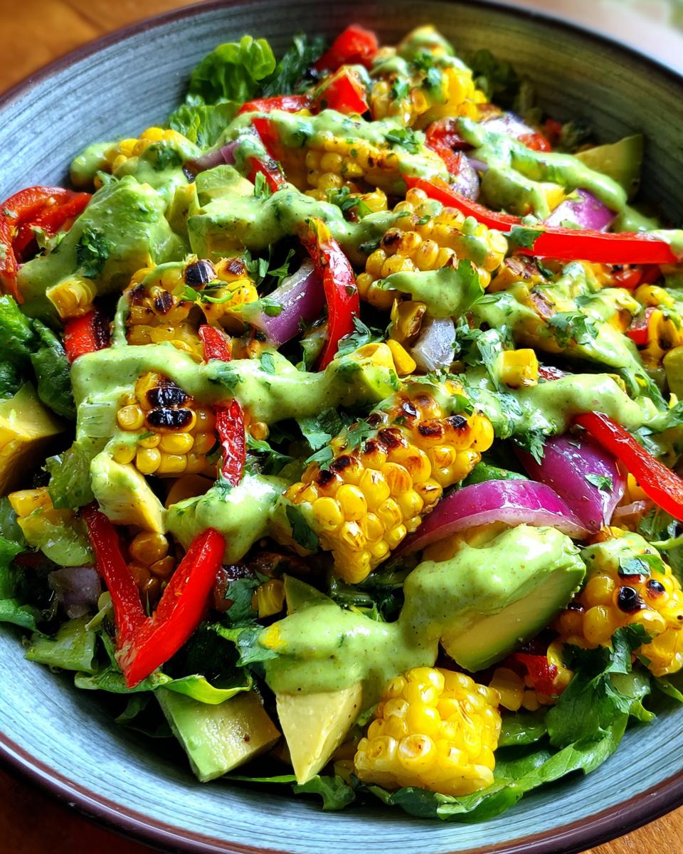 A vibrant summer salad featuring grilled corn, avocado, red onion, and red bell pepper, drizzled with avocado lime dressing.