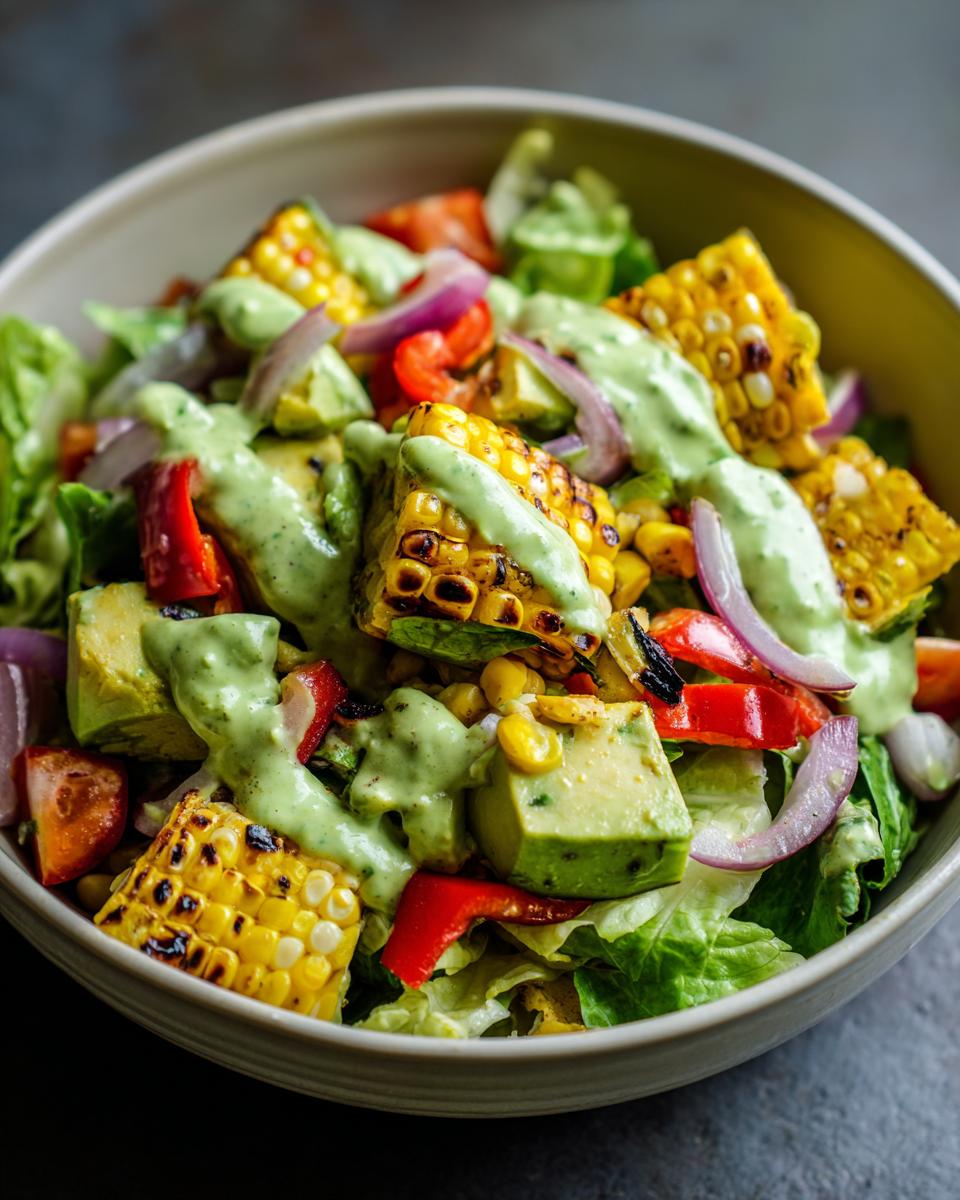 Close-up of a vibrant summer salad with grilled corn, avocado, red onion, and a creamy avocado lime dressing.