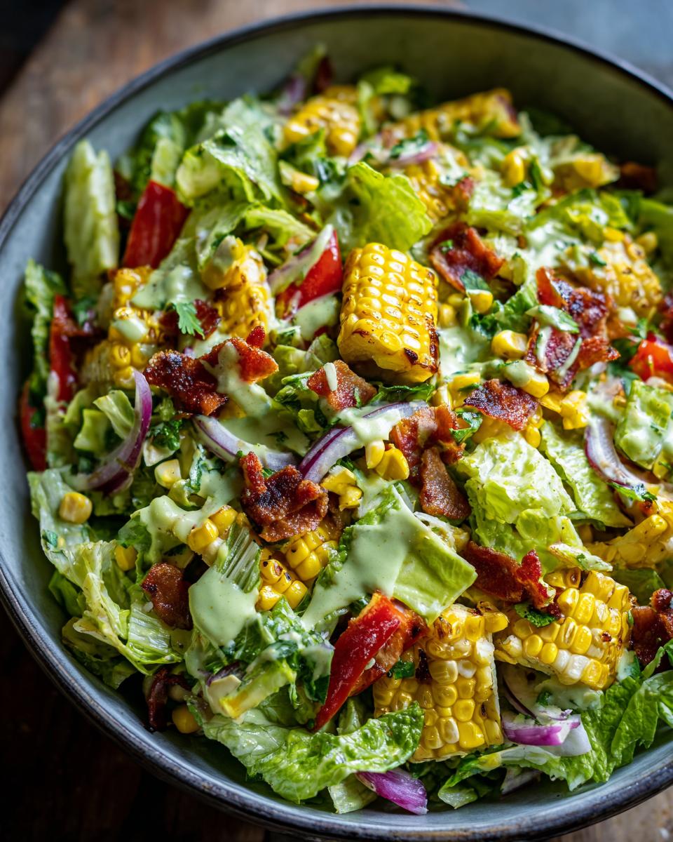 A vibrant bowl of summer salad featuring grilled corn, crispy bacon, red onion, and lettuce, drizzled with avocado lime dressing.