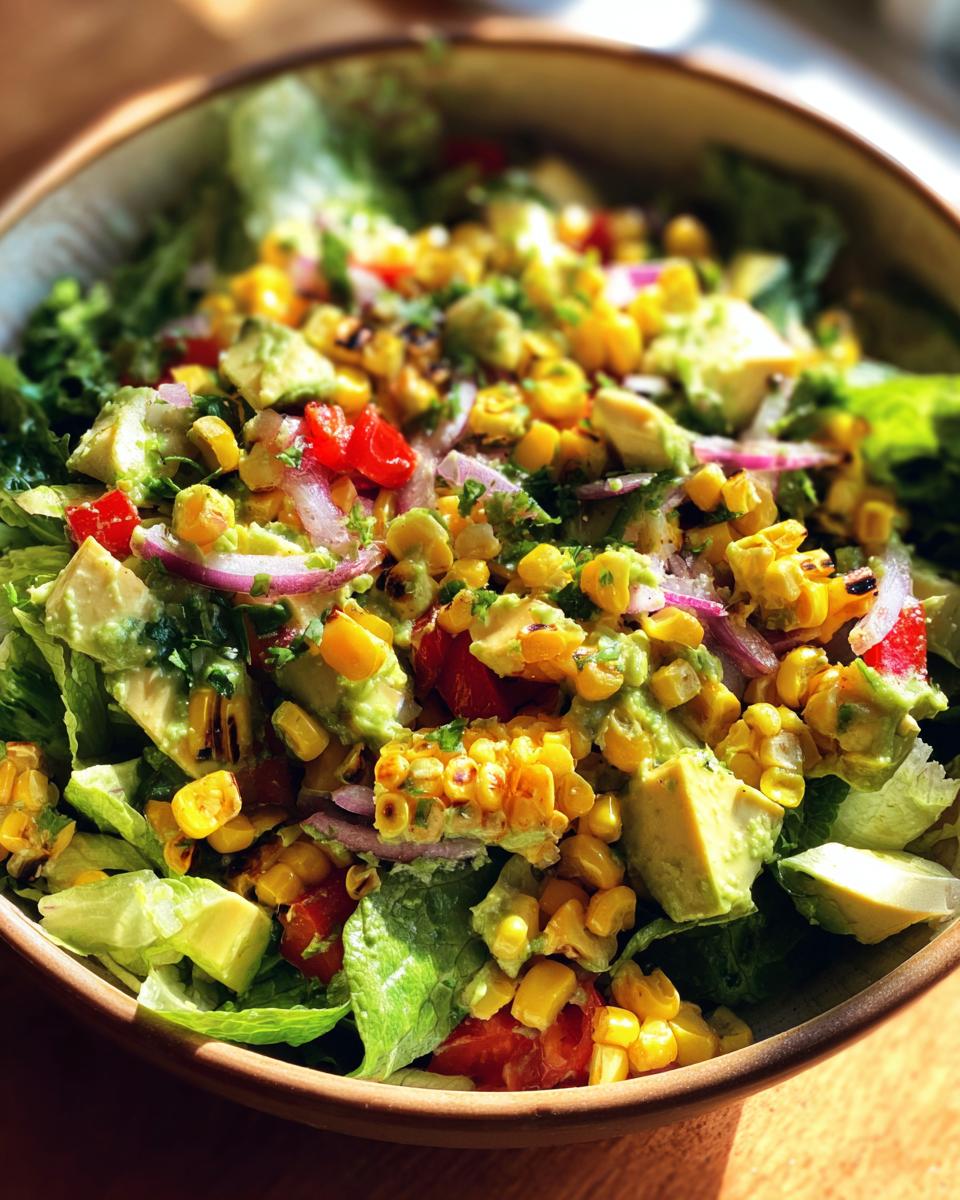 Close-up of a vibrant summer salad with grilled corn, avocado, red onion, and tomatoes on a bed of lettuce.