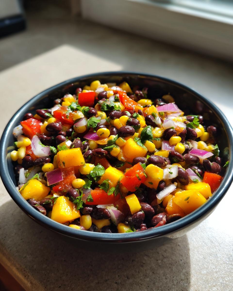 A vibrant bowl of Summer Salad with Mango, Black Beans, corn, red pepper, and red onion, perfect for picnics.