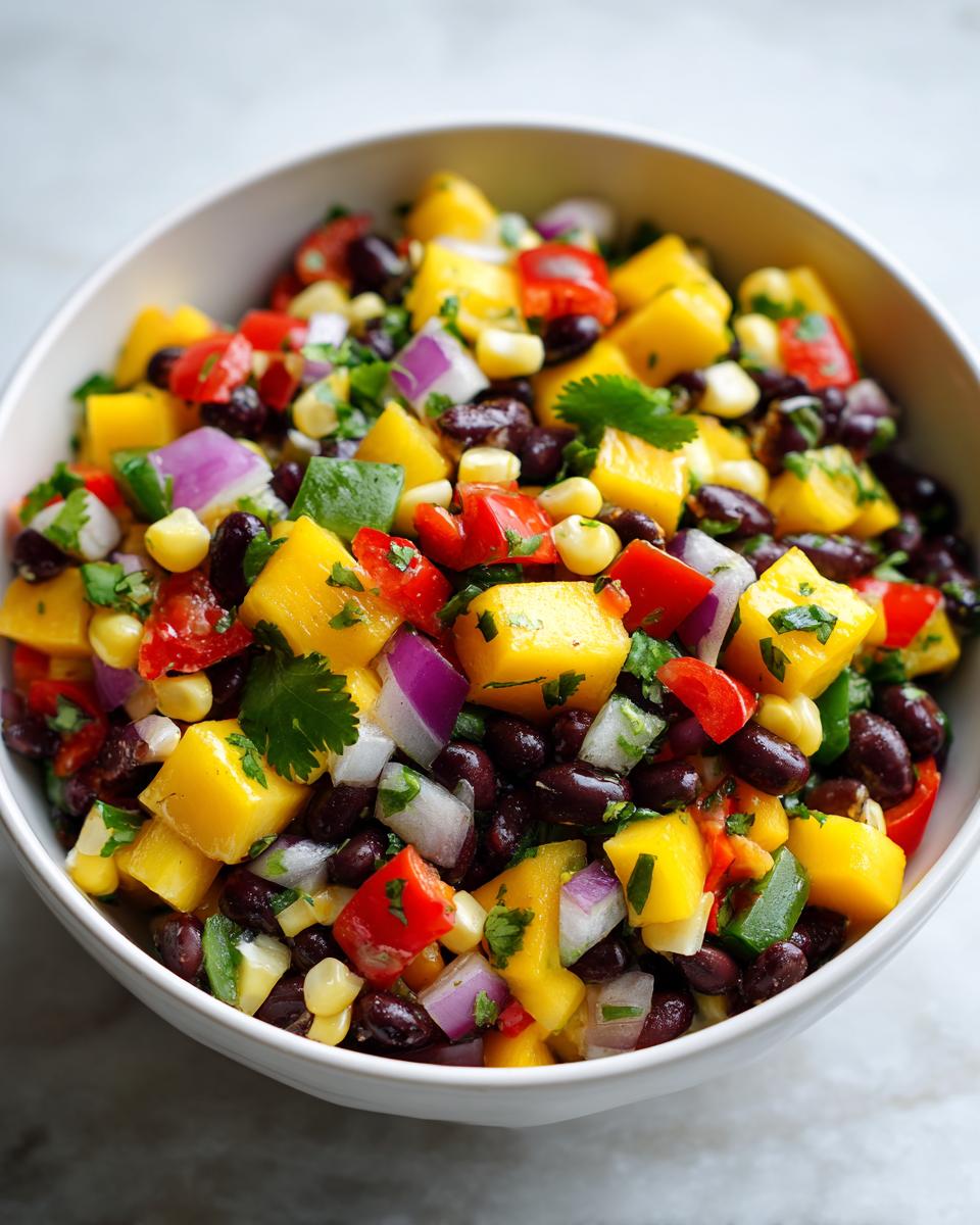Close-up of a vibrant Summer Salad with Mango, Black Beans, Corn, Red Pepper, and Red Onion.