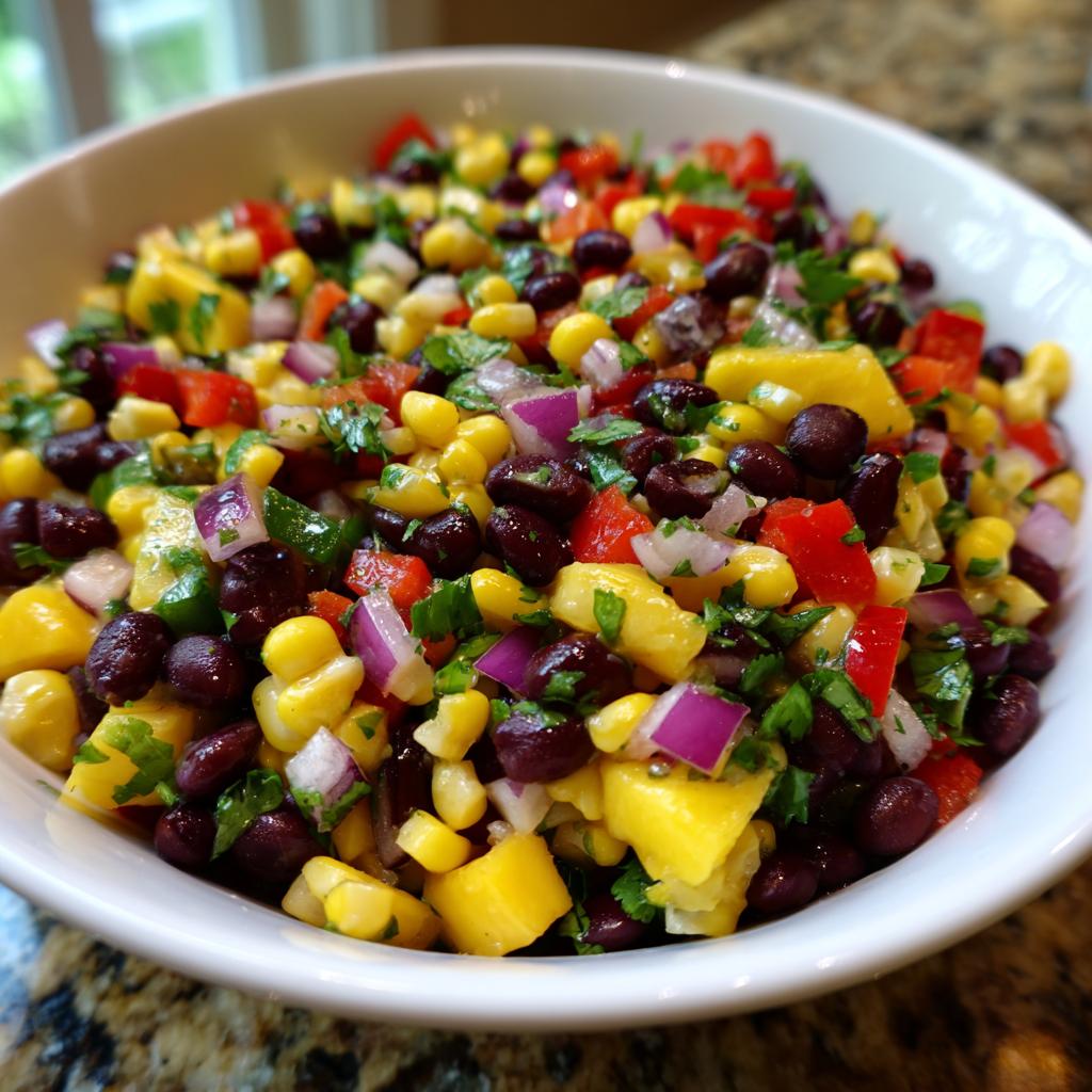 Close-up of a vibrant Summer Salad with Mango and Black Beans, featuring corn, red onion, and cilantro.