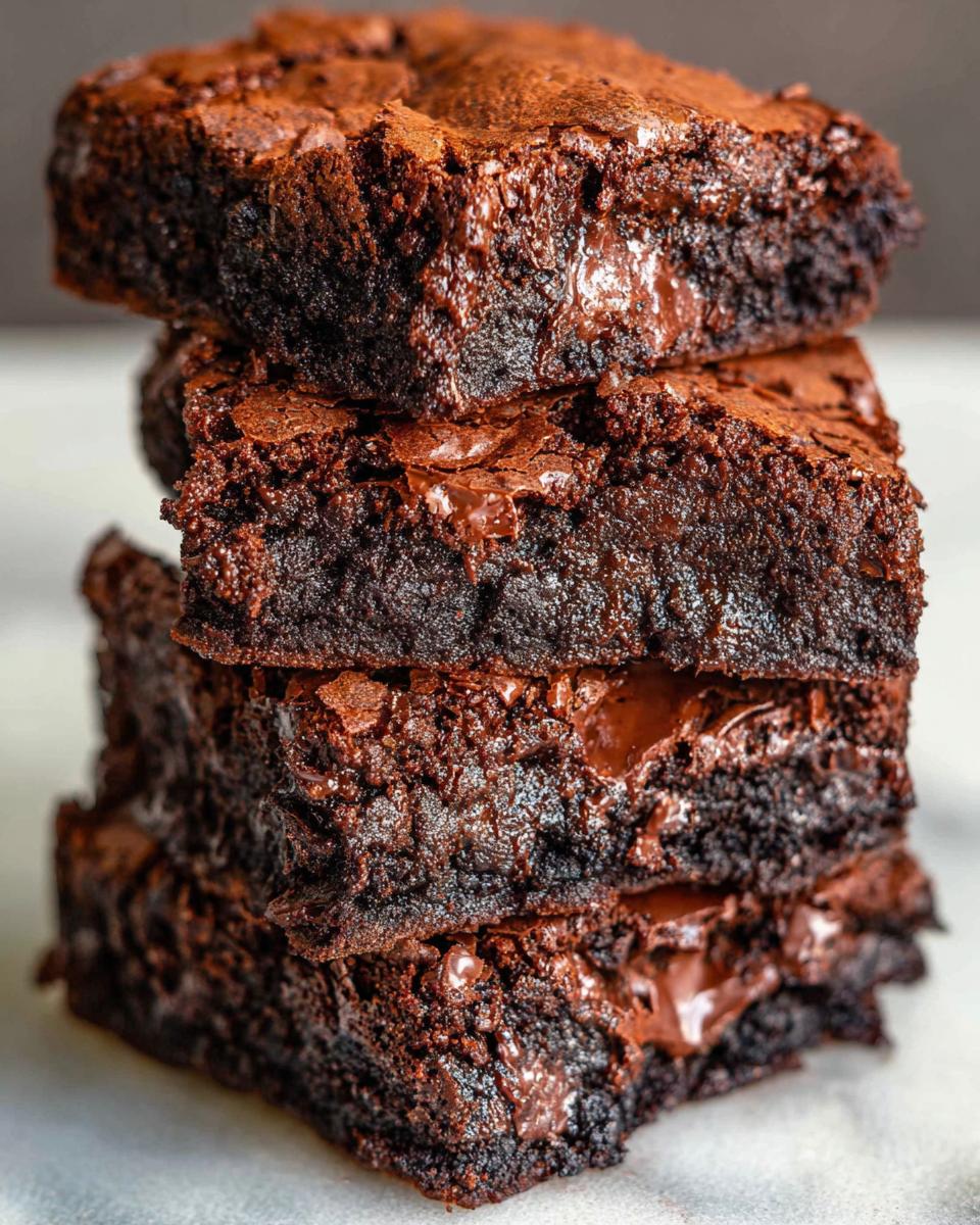 A stack of four rich, fudgy, and decadent Tasty Zero Sugar Brownies with Greek Yogurt, showcasing melted chocolate chips.