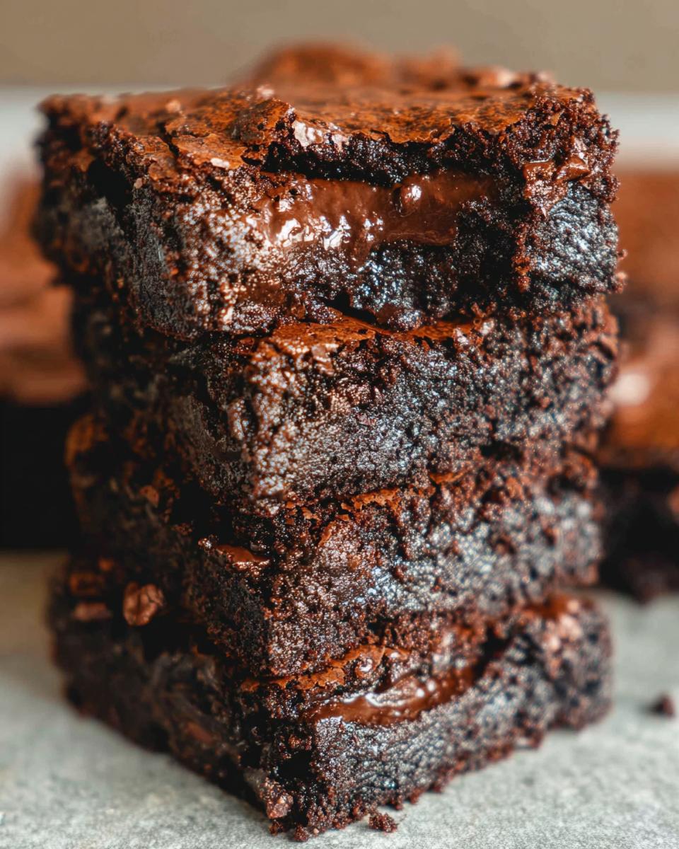 A close-up stack of fudgy, rich, tasty zero sugar brownies with Greek yogurt, showing a gooey chocolate center.