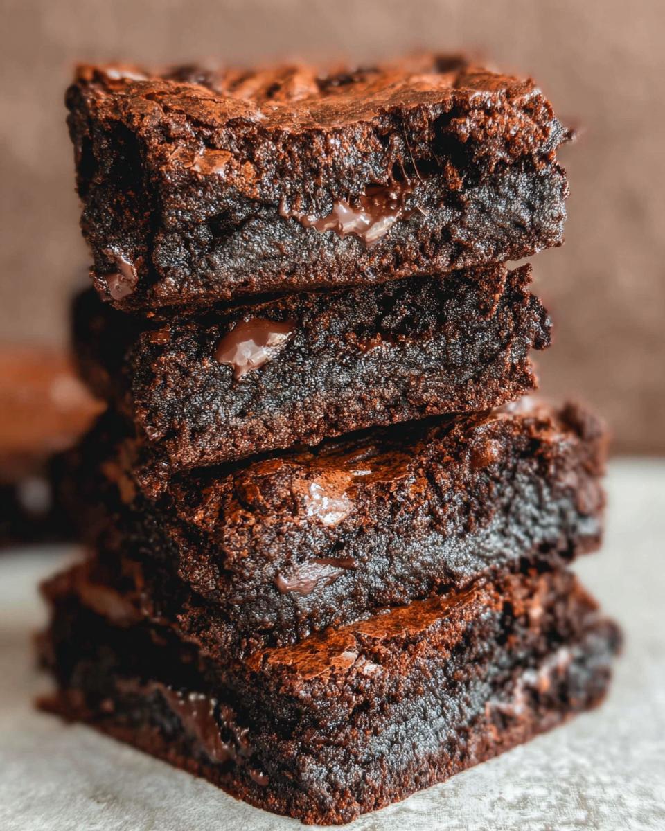 A stack of four rich, dark chocolate Tasty Zero Sugar Brownies with Greek Yogurt, showing gooey chocolate chips.