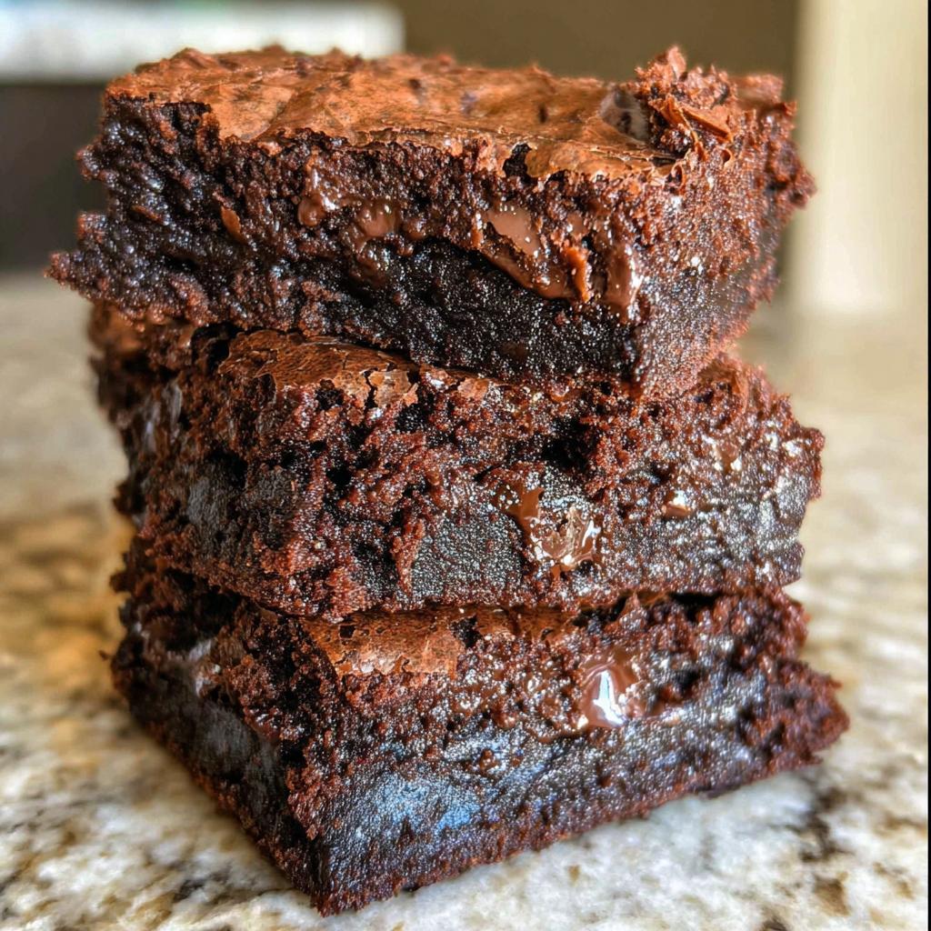 A stack of three rich, dark chocolate Tasty Zero Sugar Brownies with Greek Yogurt, showing gooey melted chocolate chips.