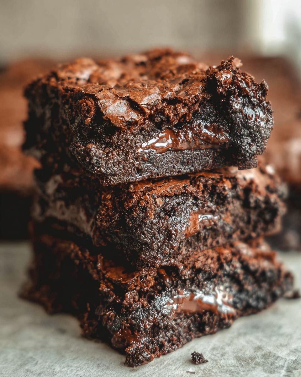 Close-up of a stack of three tasty zero sugar brownies with gooey chocolate chips visible.