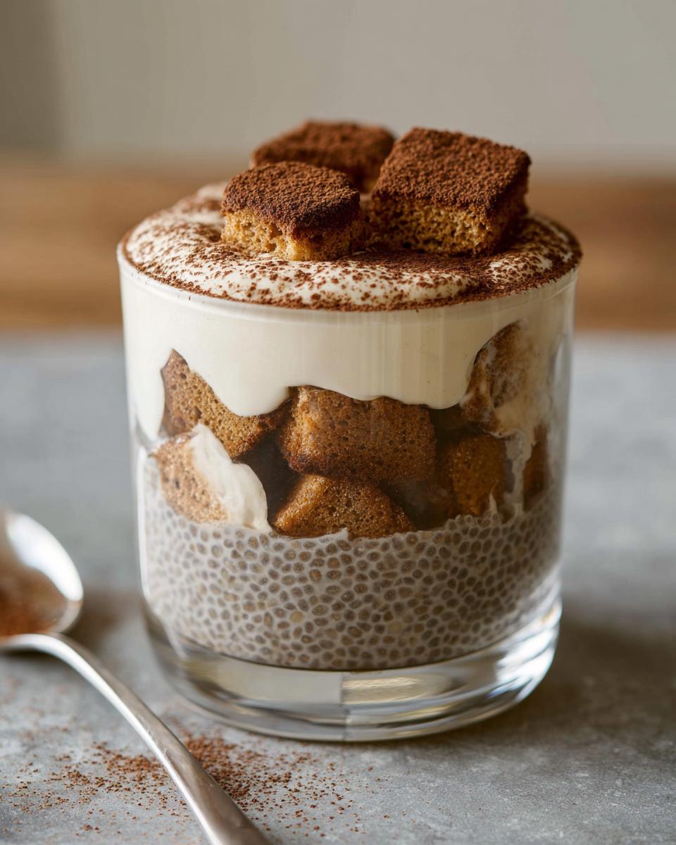 A layered Tiramisu Chia Pudding in a glass, topped with cream and cocoa powder.