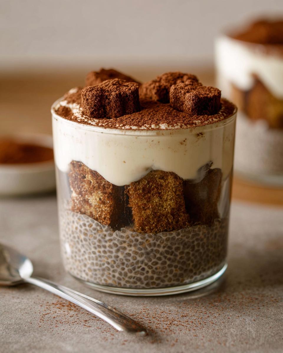 Close-up of Tiramisu Chia Pudding layered in a glass, topped with cream and cocoa powder.