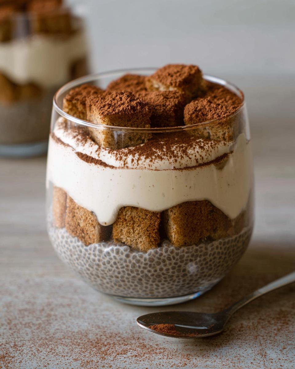 A delicious Tiramisu Chia Pudding served in a glass, layered with chia seeds, cream, and ladyfingers, dusted with cocoa powder.