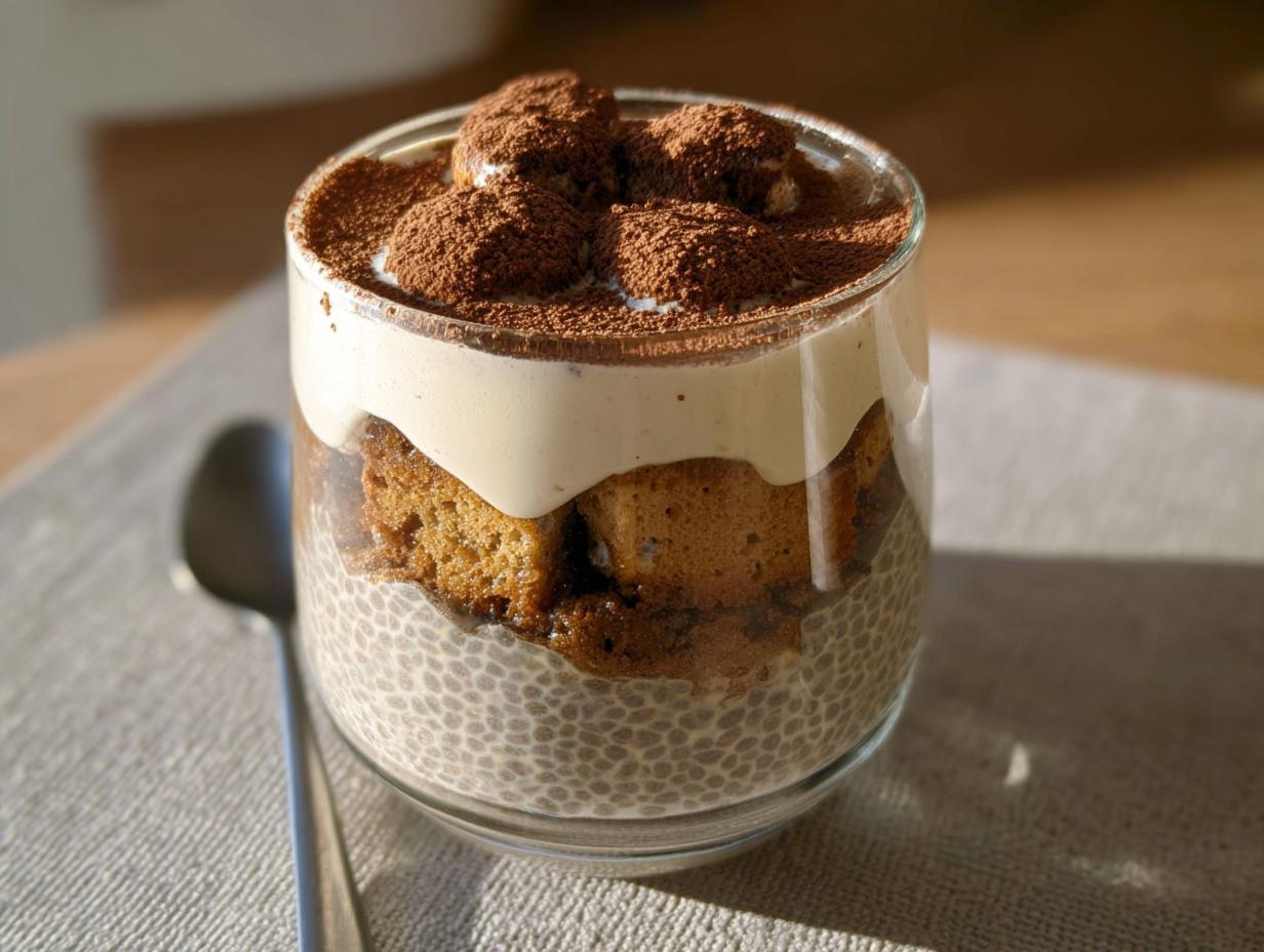 A layered Tiramisu Chia Pudding in a glass, topped with cocoa powder and ladyfingers.