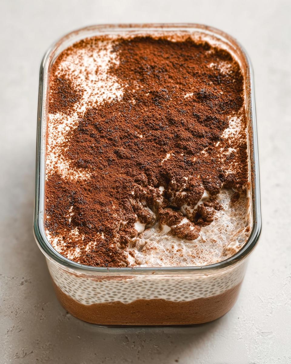Close-up of Tiramisu Chia Pudding With Greek Yogurt, layered in a glass dish and dusted with cocoa powder.