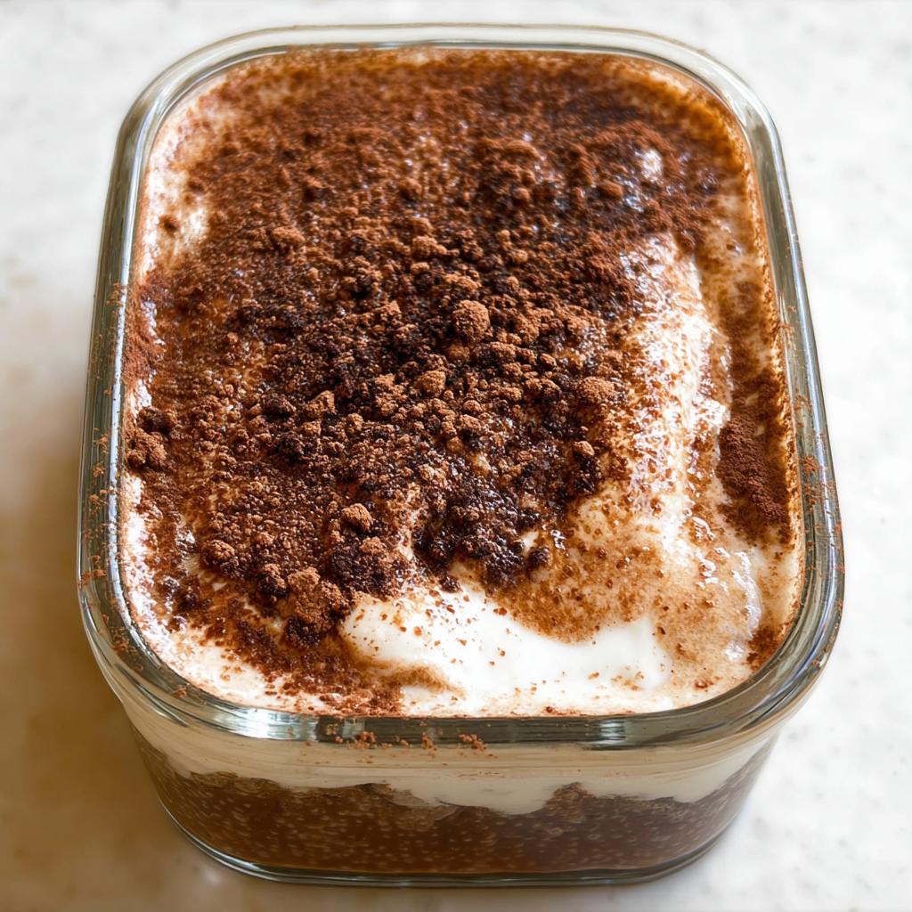 A close-up of Tiramisu Chia Pudding With Greek Yogurt, topped generously with cocoa powder.