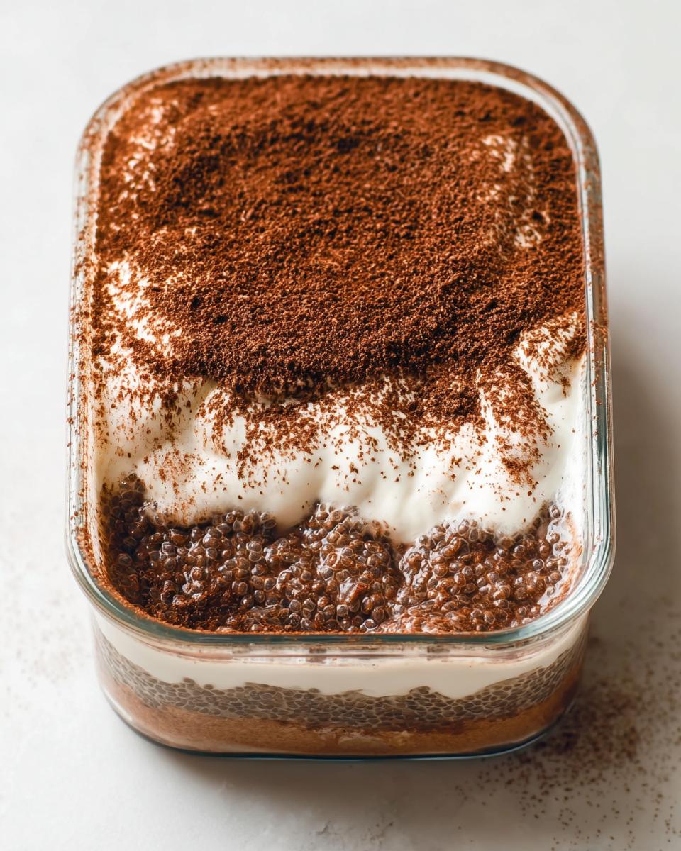 A close-up of Tiramisu Chia Pudding With Greek Yogurt- 20g Protein in a glass dish, topped with cocoa powder.