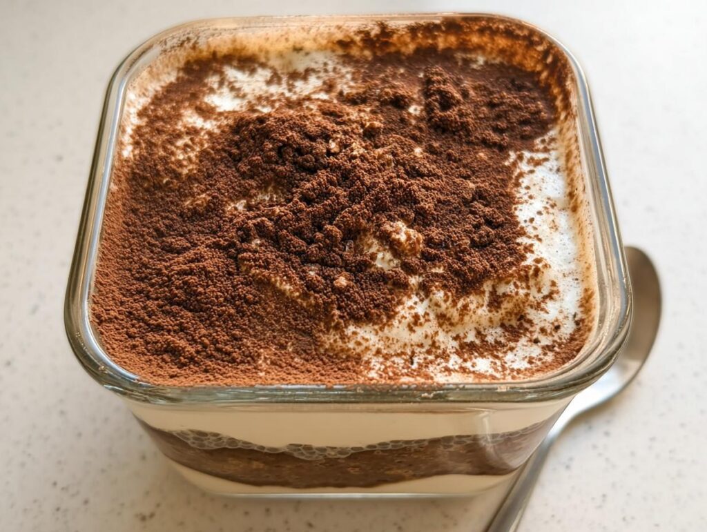 A close-up of Tiramisu Chia Pudding with Greek Yogurt, topped with cocoa powder, in a glass dish.