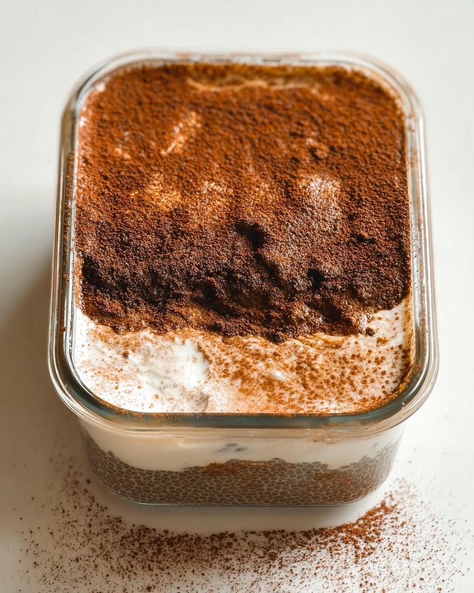 A close-up of Tiramisu Chia Pudding With Greek Yogurt, layered in a glass container and dusted with cocoa powder.