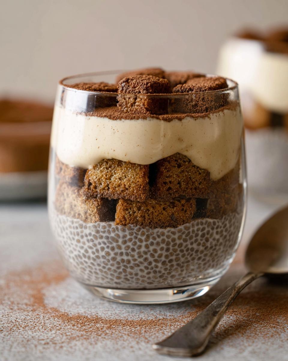 A delicious Tiramisu Chia Pudding layered in a glass with ladyfingers, cream, and cocoa powder.
