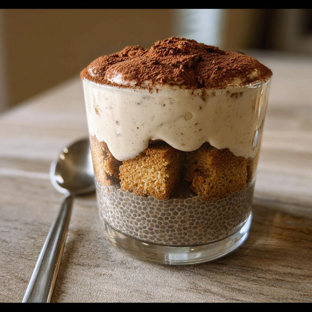 A layered Tiramisu Chia Pudding in a glass, featuring chia seeds, cake cubes, creamy filling, and cocoa powder.