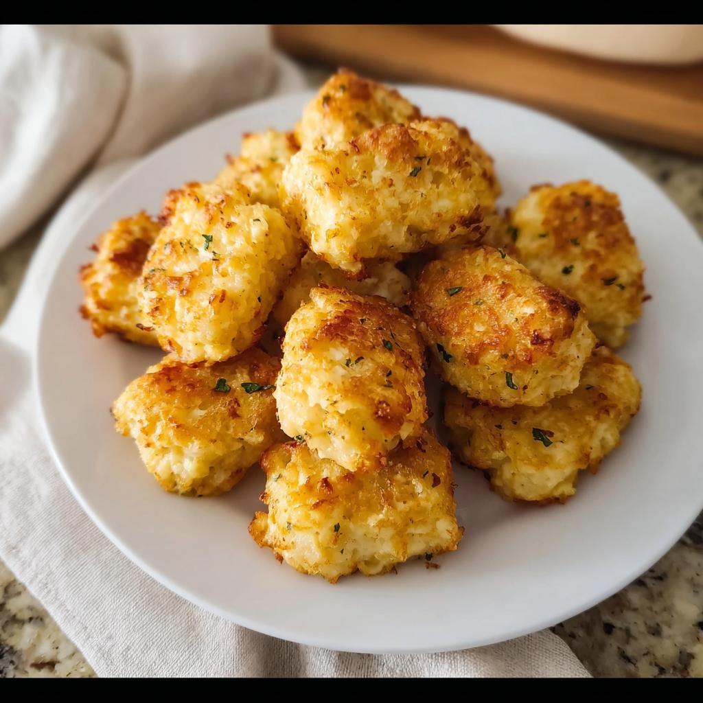 A pile of golden brown, crispy Two Ingredient Cottage Cheese Tots on a white plate, sprinkled with herbs.