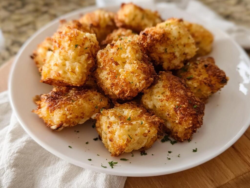 A close-up of a white plate filled with golden-brown, crispy Two Ingredient Cottage Cheese Tots, garnished with parsley.