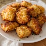 A close-up of a white plate filled with golden-brown, crispy Two Ingredient Cottage Cheese Tots, garnished with parsley.
