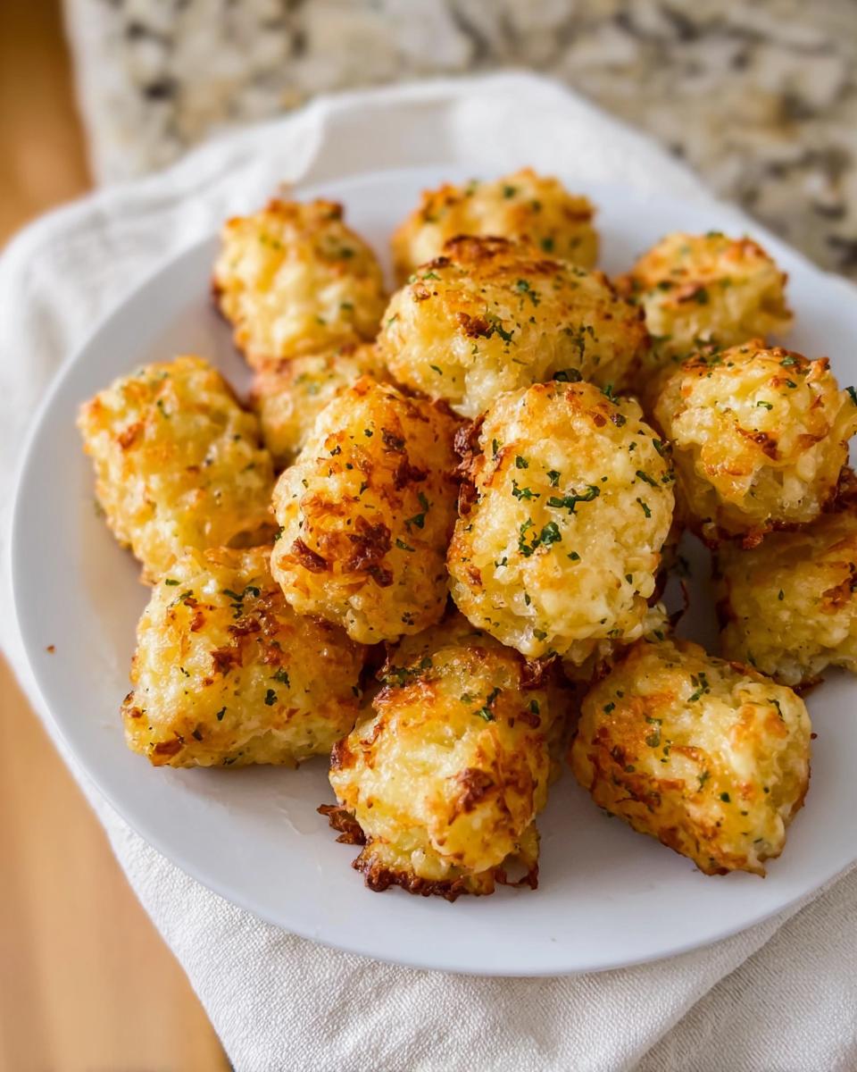 A plate full of golden brown Two Ingredient Cottage Cheese Tots, sprinkled with fresh parsley.