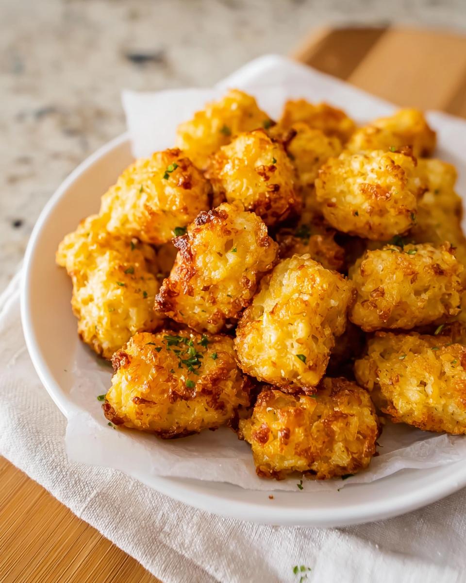 A pile of golden brown Two Ingredient Cottage Cheese Tots sprinkled with parsley on a white plate.