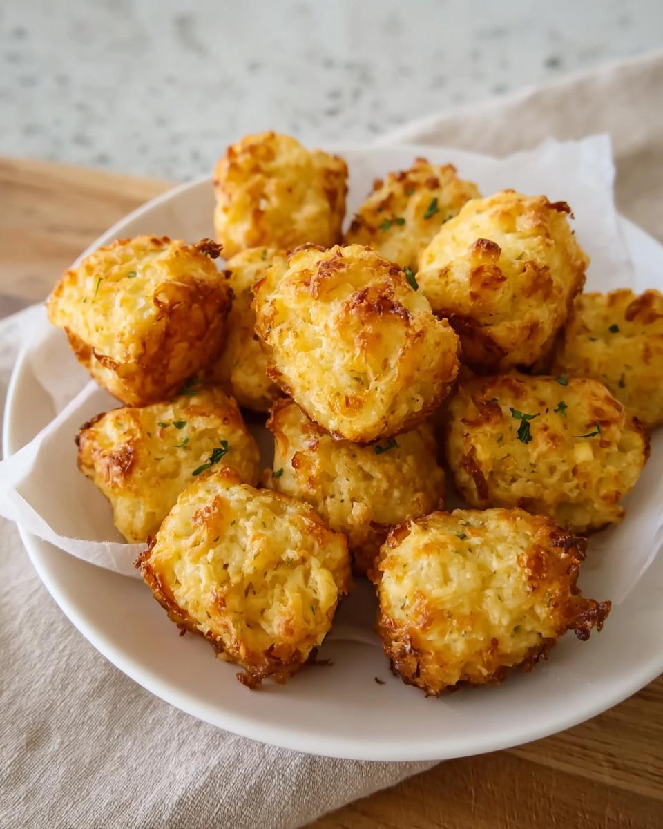 A pile of golden brown Two Ingredient Cottage Cheese Tots on a white plate, garnished with herbs.