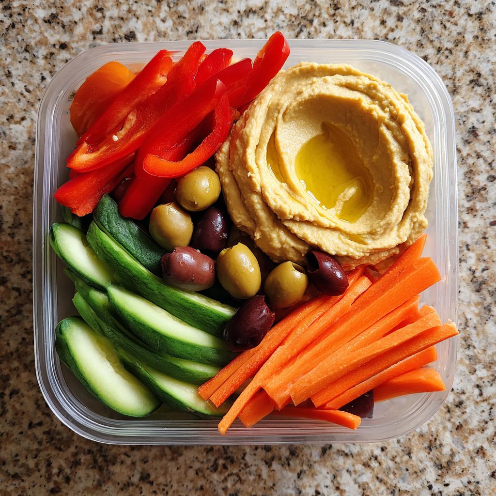 A healthy lunch idea featuring a veggie hummus bento box with sliced red bell peppers, olives, cucumber, carrots, and hummus with olive oil.