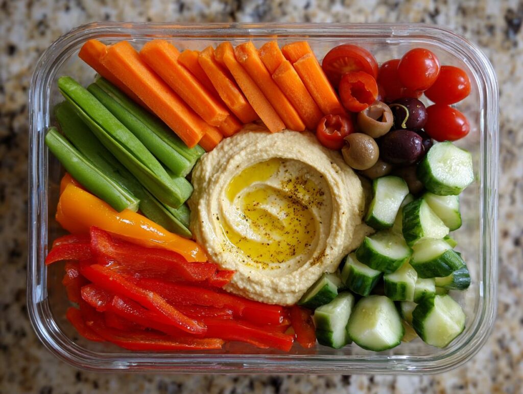 A clear container filled with veggie hummus bento box: hummus, carrots, celery, bell peppers, cucumbers, cherry tomatoes, and olives.