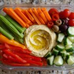 A clear container filled with veggie hummus bento box: hummus, carrots, celery, bell peppers, cucumbers, cherry tomatoes, and olives.