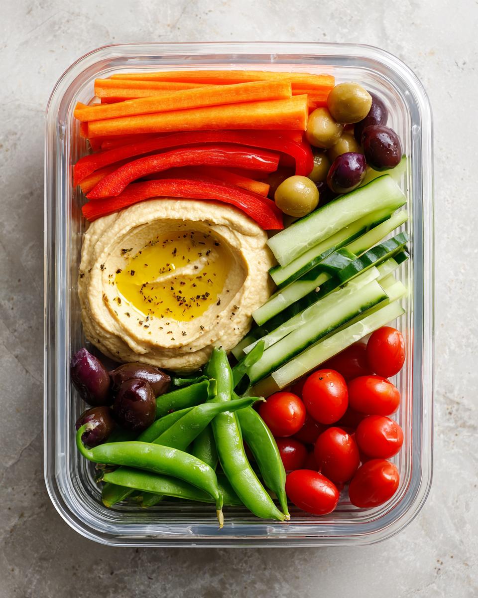 Overhead view of a glass container filled with veggie hummus bento box: hummus, carrot sticks, cucumber slices, bell pepper strips, olives, snap peas, and cherry tomatoes.