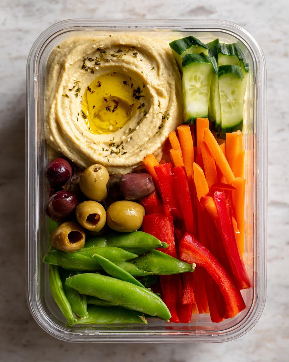A clear bento box filled with hummus, olives, snap peas, bell pepper strips, carrot sticks, and cucumber slices, perfect for healthy lunch ideas.
