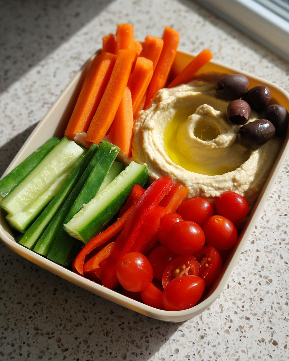 A bento box filled with healthy lunch ideas: carrot sticks, cucumber sticks, red bell pepper strips, cherry tomatoes, olives, and a generous portion of hummus.