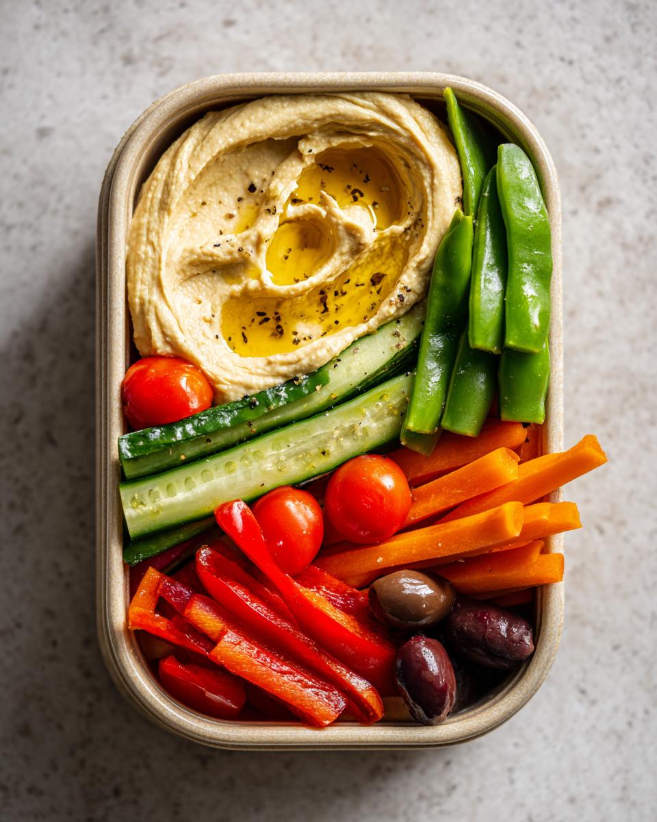 A bento box filled with hummus and an assortment of fresh vegetables, perfect for healthy lunch ideas.