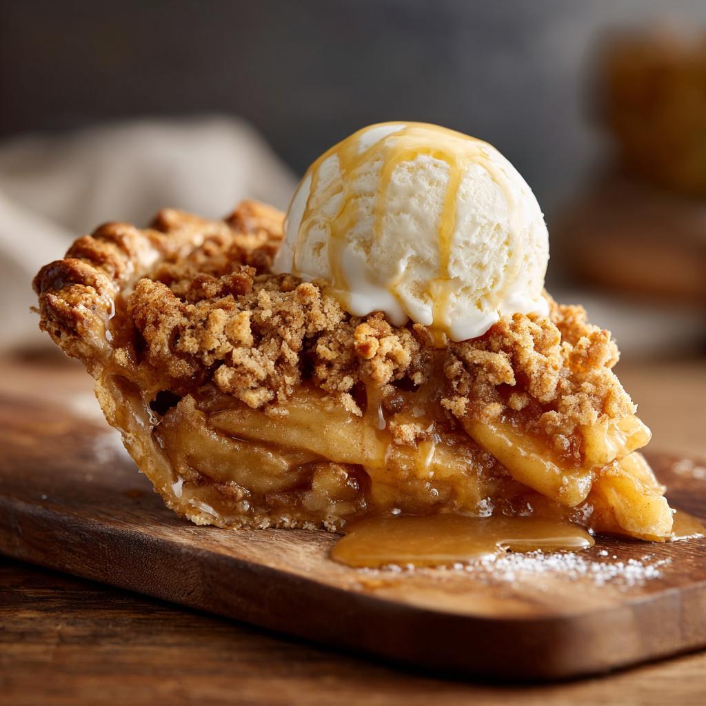 A slice of warm apple crisp dessert recipe topped with vanilla ice cream and drizzled with caramel sauce.