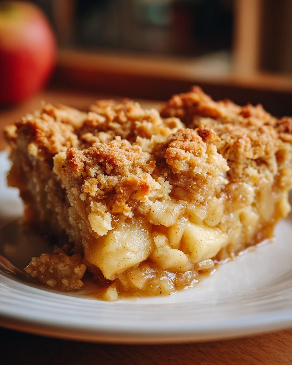 A close-up of a warm and buttery apple crisp slice on a white plate, showing tender apple chunks and a golden crumb topping.
