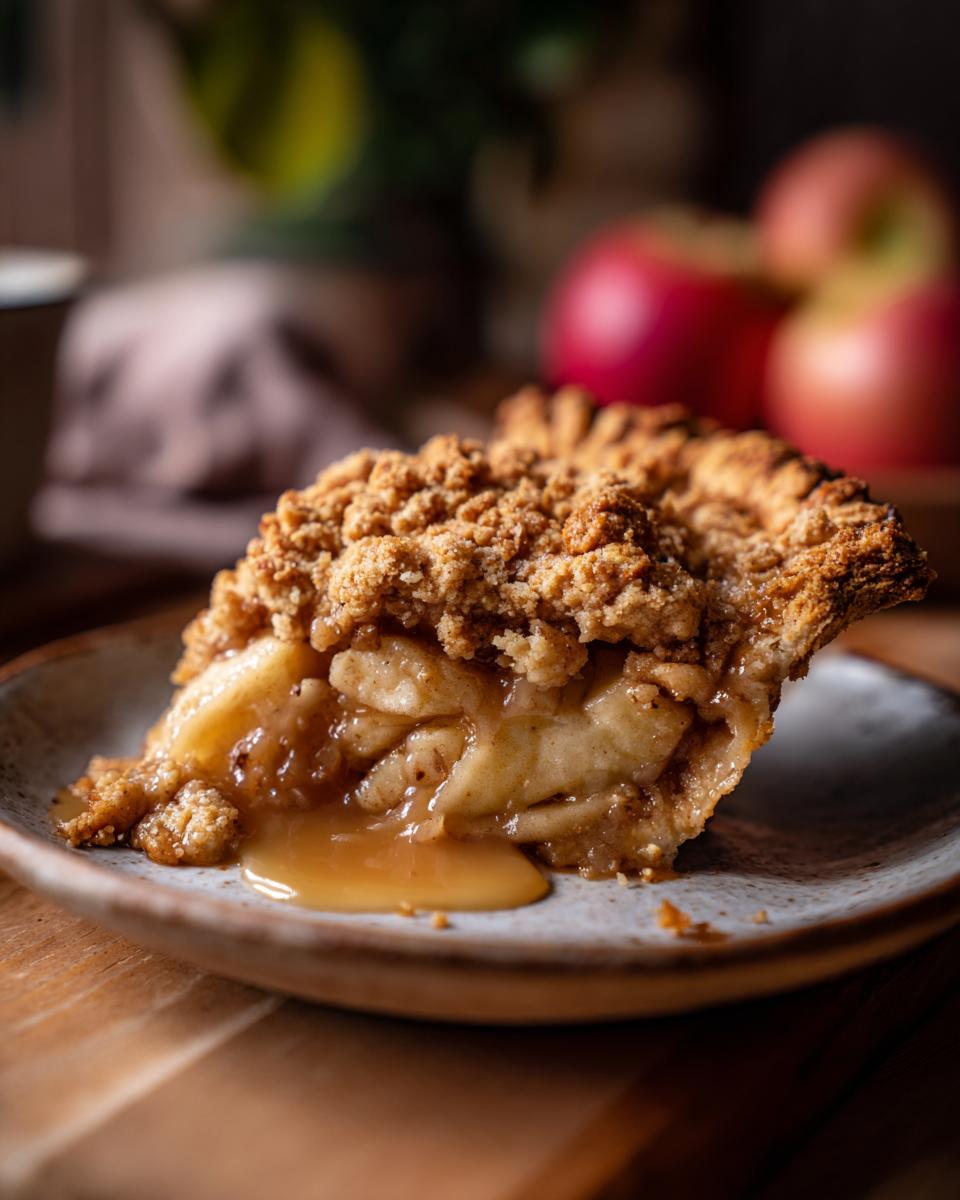 A close-up of a slice of warm and buttery apple crisp, with gooey caramel sauce dripping down.