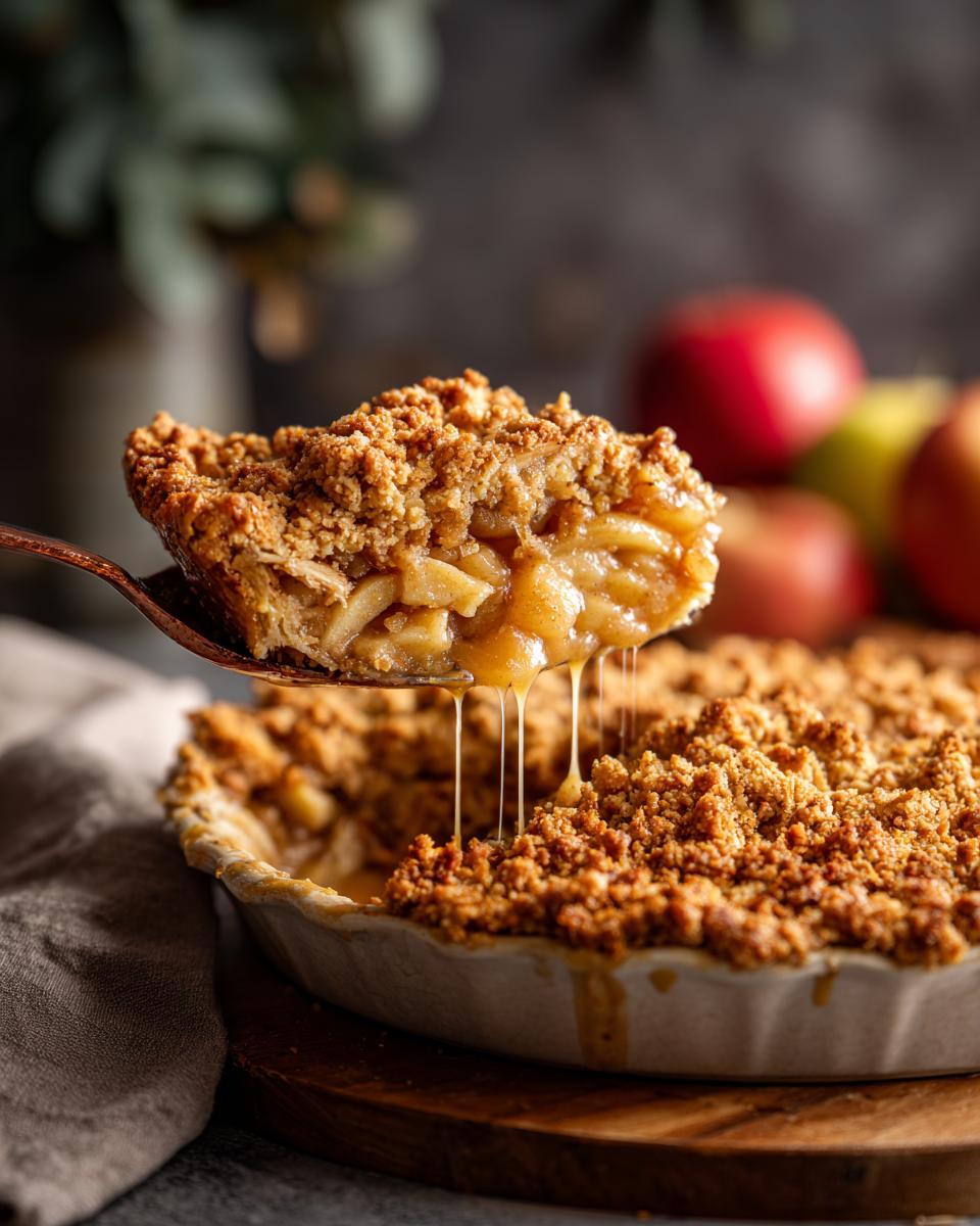 A slice of warm apple crisp is lifted from the pie dish, showing gooey apple filling and buttery crumble topping.