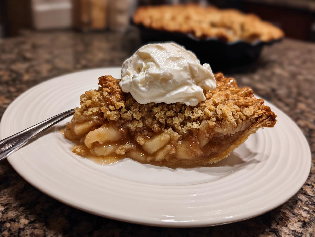 A slice of warm and buttery apple crisp topped with a scoop of melting ice cream on a white plate.