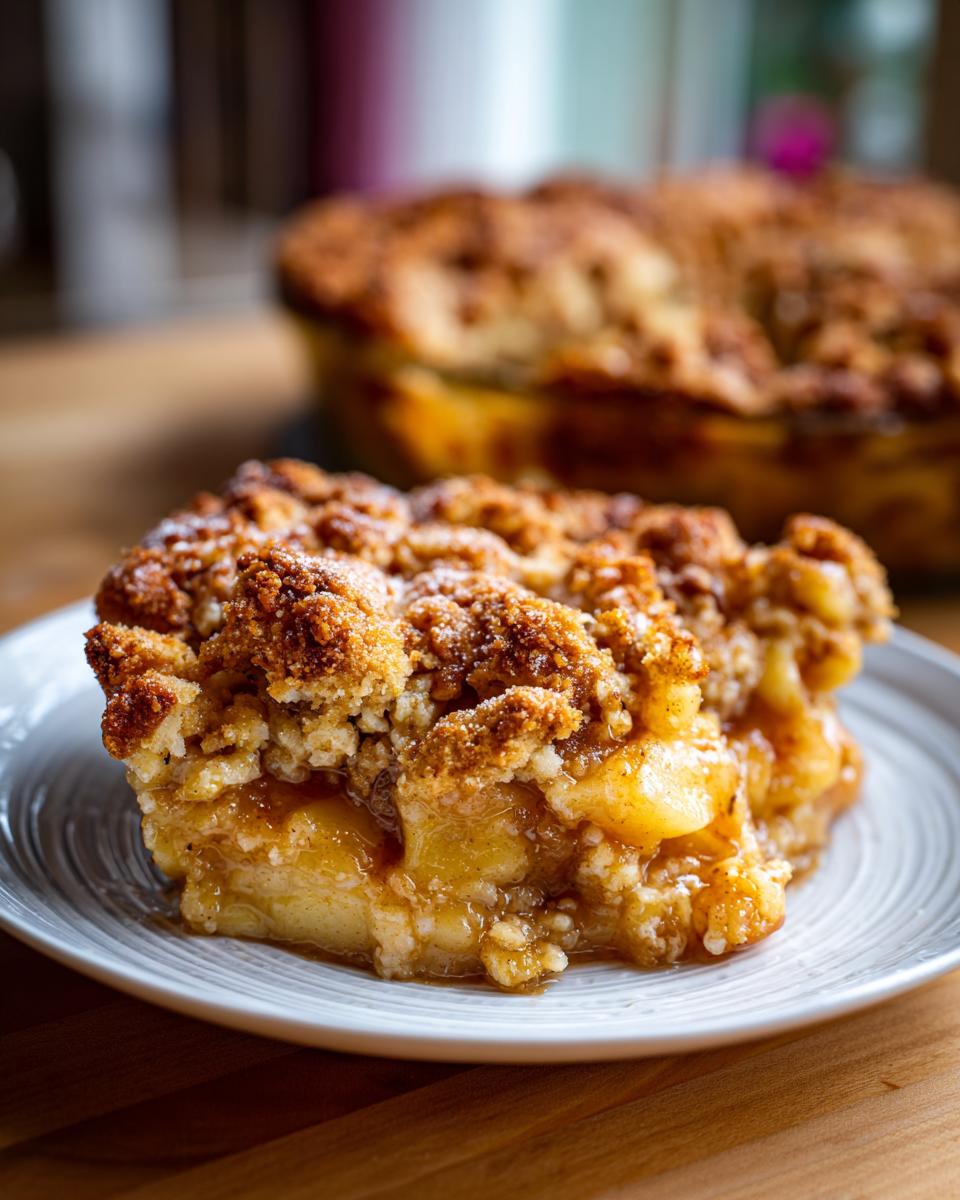 A close-up of a warm and buttery apple crisp slice on a white plate, showcasing tender apples and a crumbly topping.