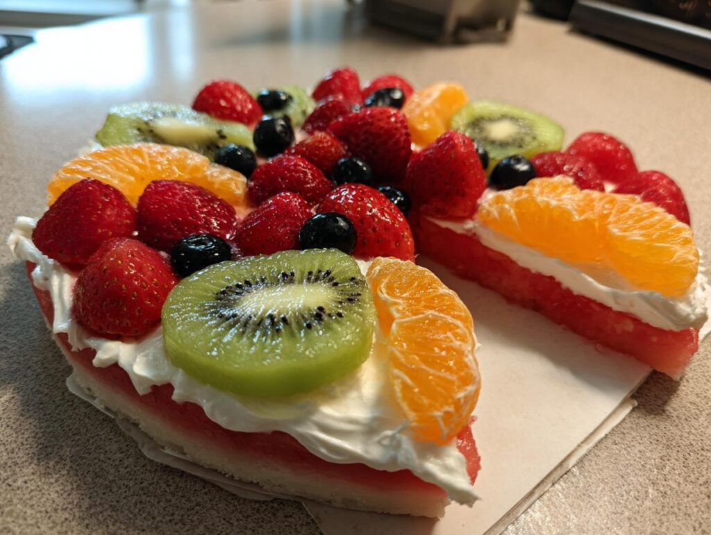 A refreshing watermelon fruit pizza topped with whipped cream, strawberries, blueberries, kiwi, and mandarin orange slices.